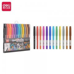 得力(deli)彩色柔绘笔勾线笔美术画画笔 学生文具彩绘手账笔 重点标记马克笔水性记号笔 12支/盒 SK146