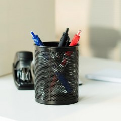 得力（deli） 金属网纹圆形笔筒简约创意桌面收纳盒笔插笔架笔座 圆形-黑色-加密网格909