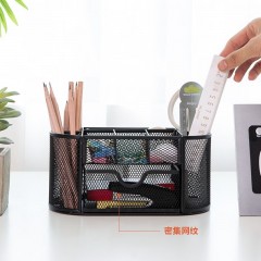 得力（deli） 金属网纹圆形笔筒简约创意桌面收纳盒笔插笔架笔座 抽屉九格组合笔筒8902